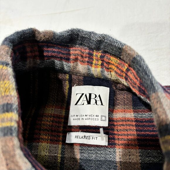 Zara Plaid Heavyweight Button Up Flannel Shirt Men's M Brown Blue - Picture 5 of 5